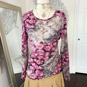 Raspberry Euro Label 2000's Y2K Pink Gray Snake Mesh Rose Print Long Sleeve Top